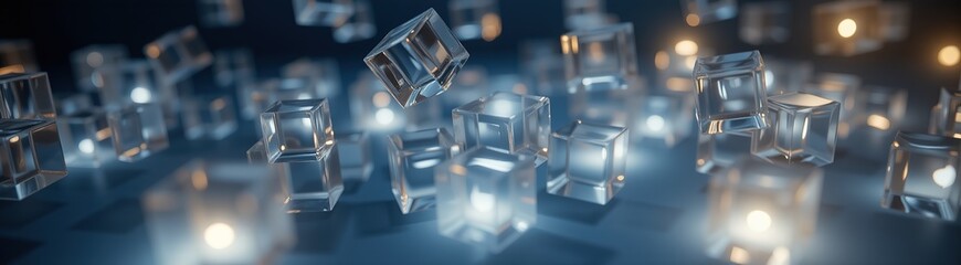 Floating transparent cubes glowing in a dark blue space.