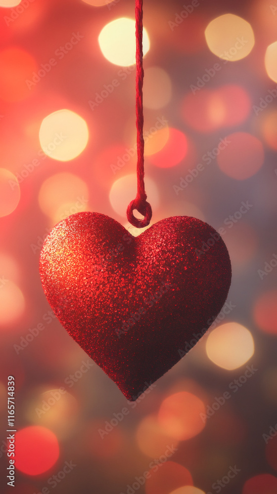 Poster sparkling red heart dangling from delicate string, soft bokeh background radiating romantic valentin