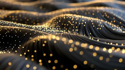 Waves of light create a mesmerizing pattern in an abstract composition of golden dots and black lines - Powered by Adobe