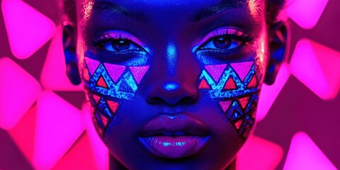 Woman with a face painted in neon colors