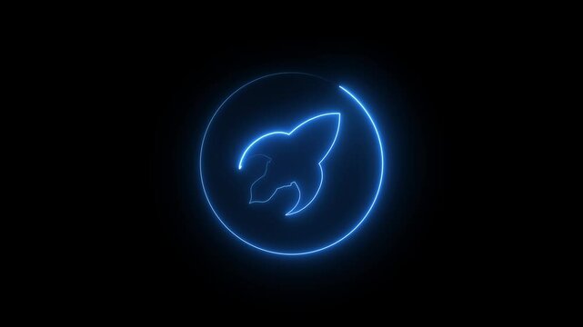 Abstract glowing neon light rocket icon animation on black background. animated rocket logo with glowing neon lines. neon circle line animation.