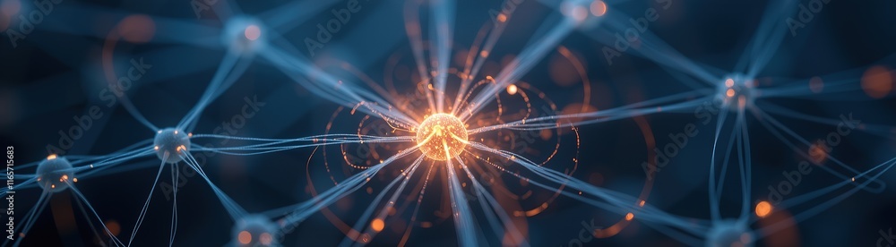 Poster abstract glowing network node with fine orange strands