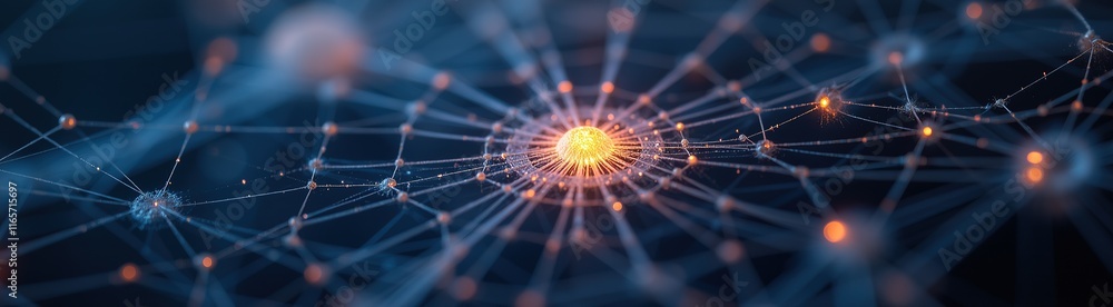 Poster abstract glowing network node with fine orange strands