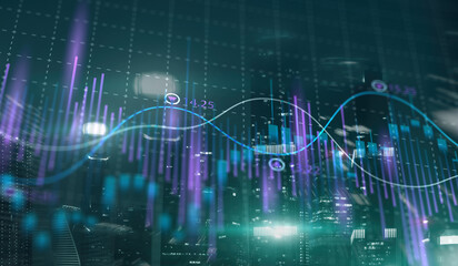 Stock market business concept. Financial graphs and digital indicators with modern city background