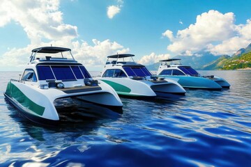 Luxury boats anchored in calm blue waters under a sunny sky with fluffy clouds
