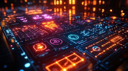 Rows of organized periodic table elements displayed as glowing neon symbols against a dark laboratory background