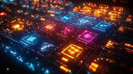 Rows of organized periodic table elements displayed as glowing neon symbols against a dark laboratory background