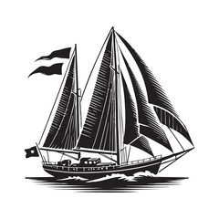 Sailing Silhouette Vector Illustration, Solid White Background.