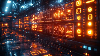 Rows of organized periodic table elements displayed as glowing neon symbols against a dark laboratory background