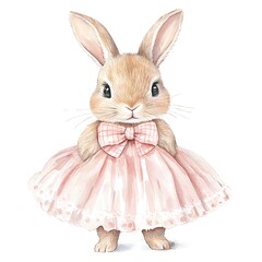 Adorable Watercolor Painting of a Bunny in a Pink Dress and Bow.