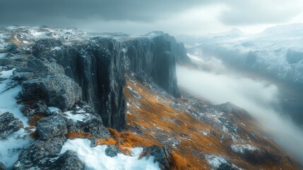 Snowy mountain range, misty valley, dramatic landscape.