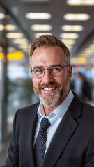 Fototapeta premium Smiling businessman in suit confident and successful corporate business contexts