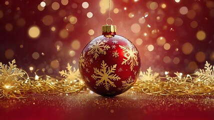 Fototapeta premium Christmas and New Year banner in red ball and red golden glitter background