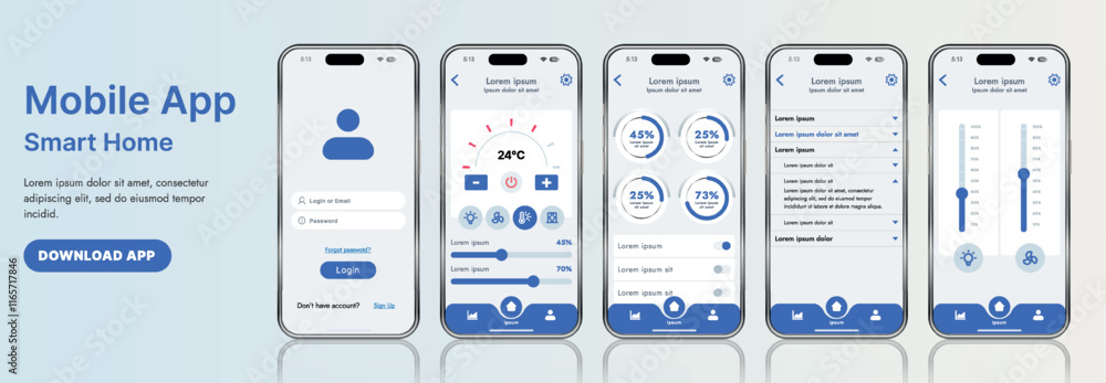 Poster a sleek smart home application interface template featuring modern icons and a gradient design. incl