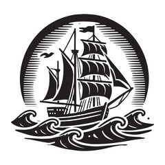 Sailing Silhouette Vector Illustration, Solid White Background.