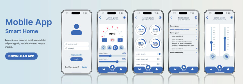 A sleek smart home application interface template featuring modern icons and a gradient design. Includes navigation menus for managing devices, monitoring security, controlling temperature