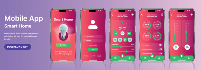 A sleek smart home application interface template featuring modern icons and a gradient design. Includes navigation menus for managing devices, monitoring security, controlling temperature