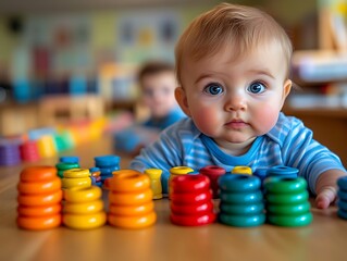 Obraz premium Baby playing with colorful stacking rings.