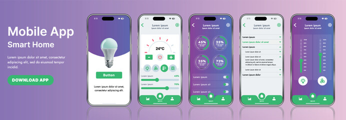A sleek smart home application interface template featuring modern icons and a gradient design. Includes navigation menus for managing devices, monitoring security, controlling temperature