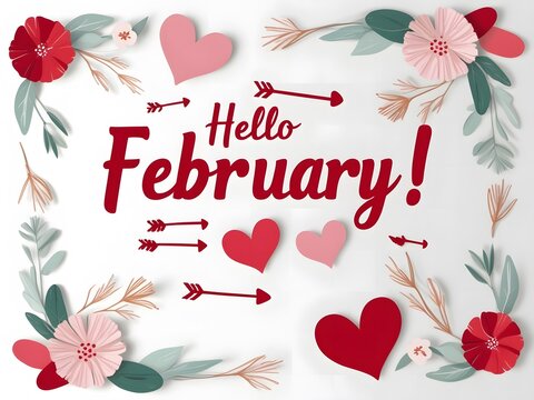 Hello February Floral Hearts Greeting Design - Powered by Adobe
