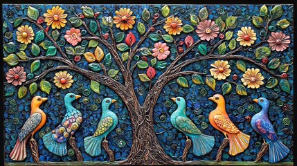 Obraz premium A vibrant relief sculpture depicting colorful birds and flowers on a tree.