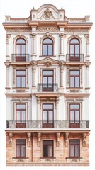 Obraz premium A Majestic Architectural Facade with Exquisite Detailing. A Timeless and Elegant Building with Ornate Windows and Balconies. A Stunning Example of Classic Architecture.