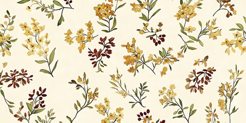 Seamless pattern with autumnal flowers in yellow and burgundy on a beige background.