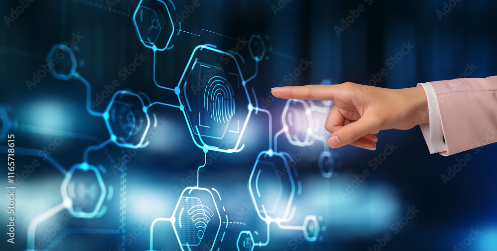 Aufkleber biometrics fingerprint concept. biometrics security with digital interface
