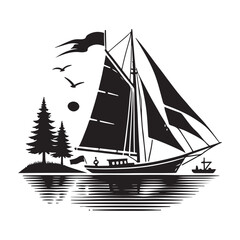 Sailing Silhouette Vector Illustration, Solid White Background.