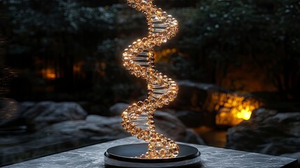 DNA double helix model suspended in space with dramatic side lighting and dark background