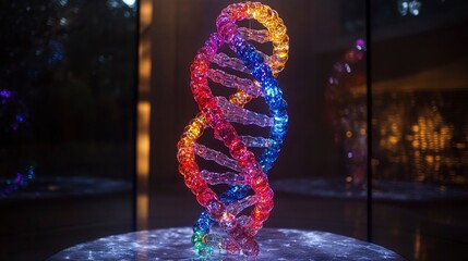 DNA double helix model suspended in space with dramatic side lighting and dark background
