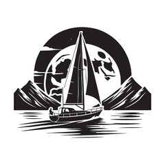 Sailing Silhouette Vector Illustration, Solid White Background.