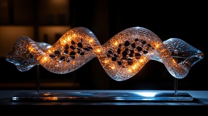 DNA double helix model suspended in space with dramatic side lighting and dark background