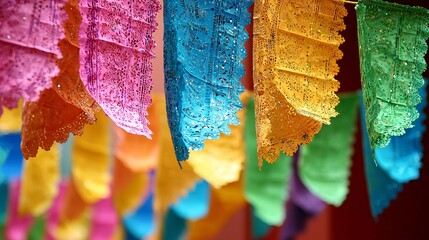 Colorful papel picado banners hanging, often used for celebrations and festive occasions.