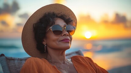 Chic older woman enjoying a sunset on the beach with stylish sunglasses and a sun hat