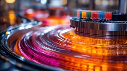 Laboratory centrifuge in motion with colorful samples spinning, captured with motion blur