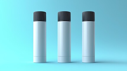 Three blank white cylindrical containers with black lids on a light blue background.