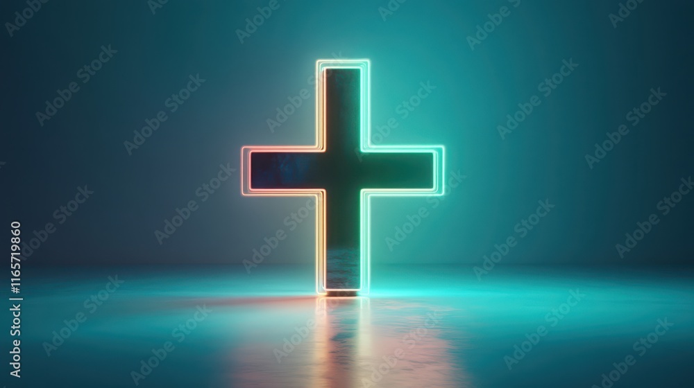 Poster glowing green plus sign floating in a vibrant space with soft illumination