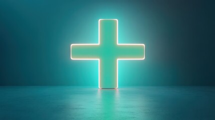 Obraz premium Glowing green plus sign illuminated against a dark background, symbolizing positivity and health
