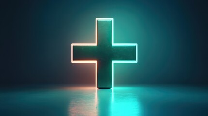 Obraz premium Glowing green plus sign floating against a dark background for creative visuals and digital art inspiration