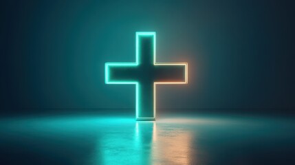 Obraz premium Glowing green plus sign floating in a dark environment with vibrant neon lighting effects