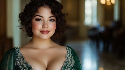 Graceful chubby girl with dark brown hair poses elegantly in a lavish indoor setting during golden hour