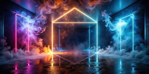 Abstract Neon Room with Glowing Lines and Smoky Atmosphere