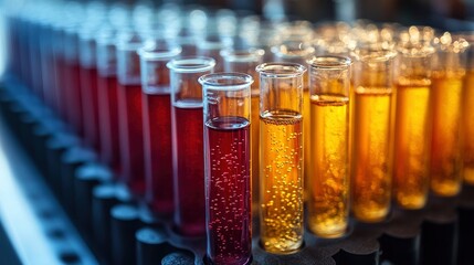Arrays of test tubes containing solutions in gradient colors from yellow to red