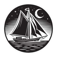 Sailing Silhouette Vector Illustration, Solid White Background.