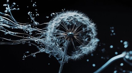 Naklejka premium Dandelion Chrome liquid dreamcorel flower. 3D render, modern design. Isolated holographic futuristic floral icon. Y2K, brutalism retro futurism concept.
