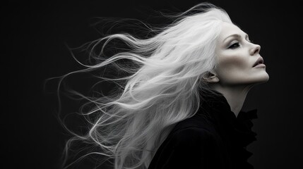 Fototapeta premium Woman with long white hair poses dramatically against a dark backdrop highlighting her striking features and flowing locks