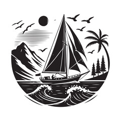 Sailing Silhouette Vector Illustration, Solid White Background.