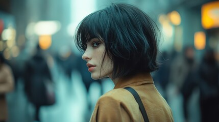 Obraz premium Woman with short black hair walking through a busy urban area on a vibrant afternoon