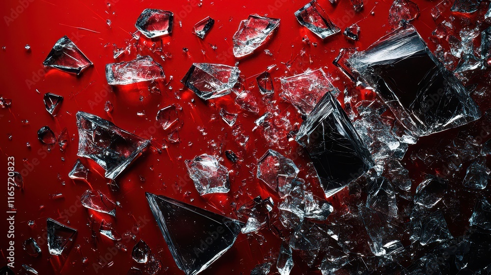Poster shards of glass scattered across a bold red surface creating an abstract display of light and reflec